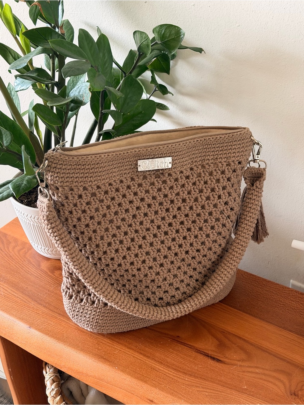 Handcrafted Neutral Boho Crochet Shoulder Bag